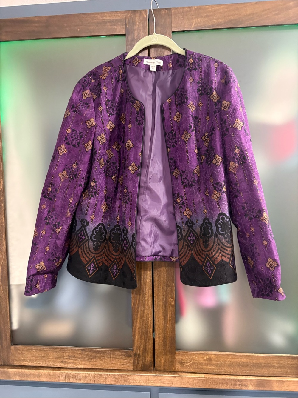 Coldwater Creek Purple Embroidered Patterned Collarless Jacket